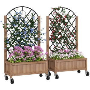 Outsunny Set da 2 Letti Rialzati con Ruote, Griglia di Supporto, Fioriera a Traliccio in Legno 152x25x97cm Marrone