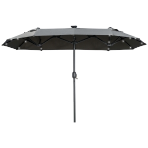 Outsunny Parasol doble, parasol de terraza, inclinable, con panel solar, 35 LED, marco de acero, Gris, 2,92x1,50x2,18 m