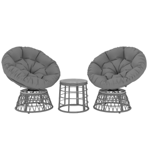 Outsunny Set da Giardino da 3 Pezzi con 2 Poltrone Girevoli e 1 Tavolino Basso Rotondo, in Poliestere e Rattan PE, Grigio