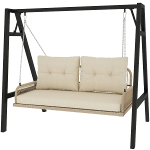Outsunny Huśtawka Ogrodowa 2-osobowa z Rattanu z Poduszkami do 240 kg 115 x 66 x 44 cm Beżowa