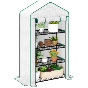 Outsunny Serra da Giardino o Balcone con 4 Ripiani, Acciaio Zincato, Telone Rimovibile PE ad Alta Densità, 90x49x160cm, Bianco