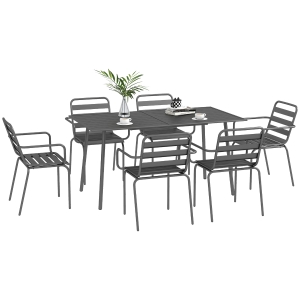 Outsunny Salotto da Giardino, Set da Pranzo da Giardino da 7 Pezzi con 1 Tavolo e 6 Sedie Impilabili, in Acciaio, Grigio