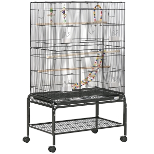 PawHut Gaiola para Pássaros com Rodas com 4 Comedouros 3 Poleiros Brinquedos Bandeja Amovível e Prateleira 79x49x133 cm Preto