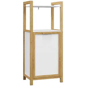 HOMCOM Mueble de Baño de Bambú con Cesto de Lino Ahorra Espacio - 2 estantes - 40x30x86,5 cm