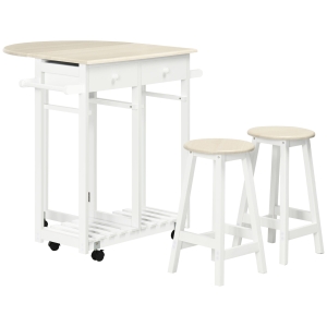 HOMCOM Conjunto de Mesa e 2 Bancos para Cozinha Mesa com Rodas Bancada Dobrável 2 Gavetas e Prateleira 87x74x86cm Carvalho e Branco