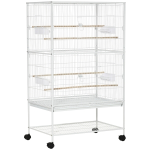 PawHut Gaiola para Pássaros com Rodas Bandeja Amovível 4 Portas Comedouros e Prateleira de Armazenamento 78x52x132cm Branco