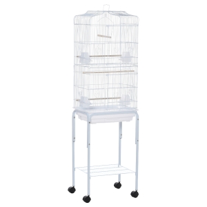 PawHut Gaiola para Passáros com Suporte com 4 Rodas Portas 4 Comedouros 3 Poleiros e Bandeja Removível 46,5x36x157cm Branco