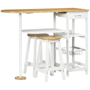 HOMCOM Conjunto de Mesa com 1 Gaveta 2 Prateleiras Cesta Removível e Suporte para Garrafas 119x38,5x88,5cm e 2 Bancos 29x29x55cm Branco