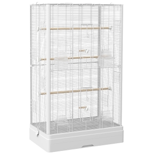 PawHut Gaiola para Pássaros 61x36,5x98 cm com Portas Poleiros Bandeja Removível e Alças para Canários Periquitos Branco