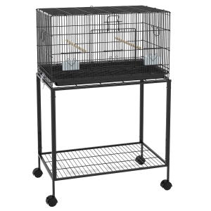 PawHut Gaiola para Pássaros com Rodas 77x46x119 cm Bandeja Amovível 2 Poleiros 2 Comedouros e Prateleira de Armazenamento Preto
