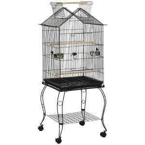 PawHut Gaiola para Pássaros com Suporte Rodas Bandeja Amovível 2 Comedouros e Prateleira Inferior de Metal 50x58x145 cm Preto