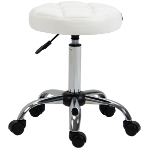 HOMCOM Banco Giratório com Rodas Altura Ajustável entre 48-63cm Banco de Trabalho Estofado em Couro PU para Salão Dentista Diâmetro Ø35,5cm Branco