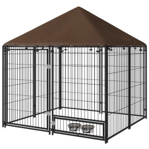 PawHut Parque para Cães com Toldo com Suporte Giratório para Comida 2 Tigelas Incluídas 141x141x151 cm Preto Marrom
