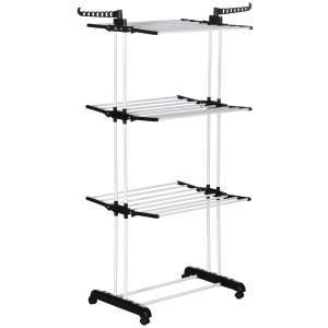 HOMCOM Estendal Dobrável para Roupa com Rodas Estendal Vertical de Aço com 3 Níveis Laterais Dobráveis 73x64x177cm Preto e Branco