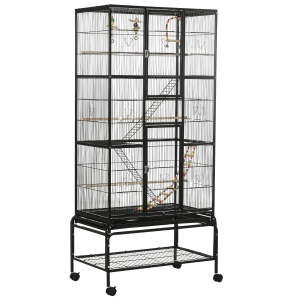 PawHut Gaiola para Pássaros com Rodas de 3 Níveis com 3 Poleiros Comedouros Brinquedos Rampas e Prateleira 83x53x180 cm Preto
