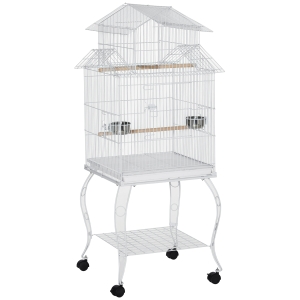 PawHut Gaiola para Pássaros com Rodas Bandeja Amovível Portas Comedouro Poleiro e Prateleira Inferior 50x49x137cm Branco
