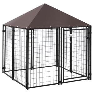 PawHut Parque para Animais de Estimação com Teto Malha de Metal e Porta com Fechadura para 141x141x153cm Preto