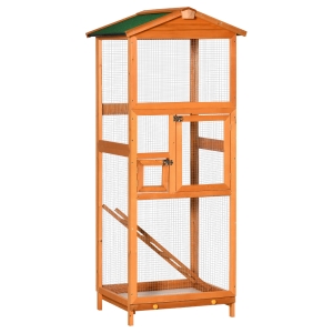 PawHut Gaiola para Pássaros Grande 68x63x165cm de Madeira de Abeto com 2 Portas Bandeja Amovível e Teto Asfáltico Madeira