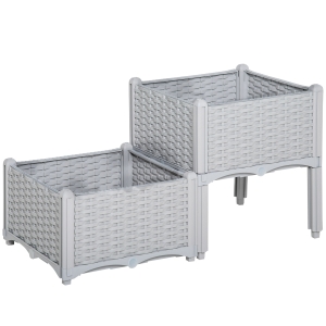 Outsunny Conjunto de 2 Floreiras Quadradas Floreiras para Flores e Vegetais com Orifícios de Drenagem e Pés Altos 40x40x26-44 cm Cinza
