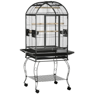 PawHut Gaiola para Pássaros Gaiola de Metal para Aves com 2 Portas Poleiros Bandeja Amovível e 4 Rodas 80x76,5x168 cm Cinza Escuro
