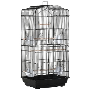PawHut Gaiola para Passáros Gaiola de Metal com Portas 4 Comedouros 3 Poleiros Baloiço Bandeja Removível e Alça de Transporte para Papagaio Canário Periquito 46,5x35,5x92cm Preto