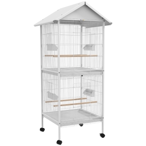 PawHut Gaiola para Pássaros 2 em 1 com 2 Andares Rodas 4 Comedouros 4 Poleiros e Bandejas Amovíveis 78x75x168 cm Branco