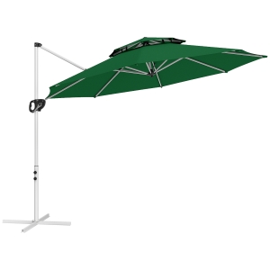 Outsunny Chapéu de Sol Excêntrico Ø292 cm com Manivela Rotativo 360° Inclinação Ajustável Duplo Teto e Base Cruzada Verde Escuro