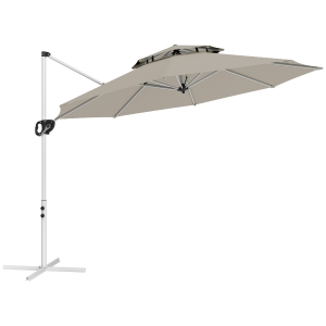 Outsunny Chapéu de Sol Excêntrico Ø292 cm com Manivela Rotativo 360° Inclinação Ajustável Duplo Teto e Base Cruzada Cinzento