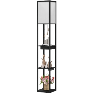 HOMCOM Lampa Stojąca z 3-Poziomową Półką, Przełącznikiem Nożnym, Portami USB, MDF, Czarny