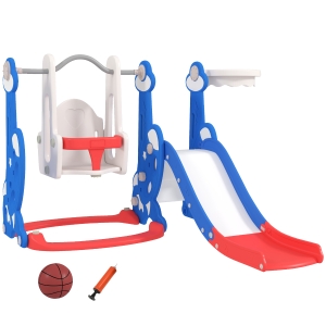 AIYAPLAY Escorrega Infantil 4 em 1 Parque Infantil com Baloiço e Escorrega Escalador Cesto de Basquetebol Temática de Foguete 147,5x160x107 cm  Multicor