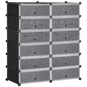 HOMCOM Armario Modular para Zapatos de Plástico con 12 Cubos Puertas y Conectores Diseño DIY para Entrada o Dormitorio Negro