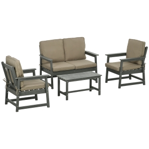 Outsunny Set de Mobilier de Grădină cu Canapea, 2 Fotolii și Măsuță din HDPE cu Perne, Gri Închis