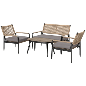 Outsunny Polyrattan Tuinmeubelset: Lounge-Set met Tweezitsbank, Stoelen en Salontafel, voor 4 Personen, Donkergrijs+Geel