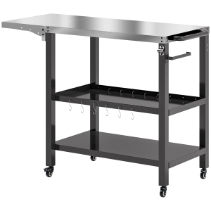 Outsunny Carrito de Parrilla para Jardín Carro de Servicio con Encimera Estantes Lateral Plegable y Ruedas 116x50x86 cm Negro