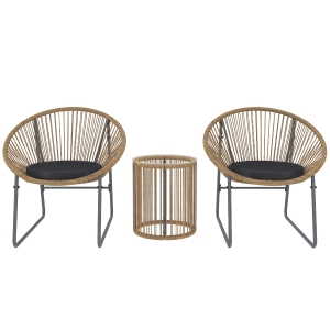 Outsunny Juego de 2 Sillas y Mesa de Ratán con Cojines Acolchados y Encimera de Vidrio para Balcón Terraza Natural