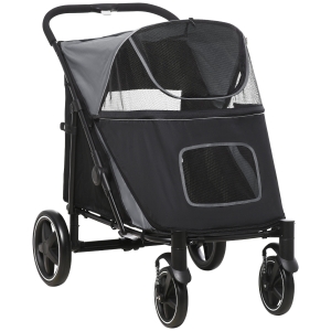 PawHut Cochecito Plegable para Perros Carrito de Mascotas con Ventanas de Malla Correas de Seguridad 112x65x100 cm Gris y Negro
