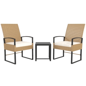 Outsunny Conjunto de Jardín Exterior de Ratán de 3 Piezas con Respaldo Ajustable Cojines Acolchados y Encimera de Vidrio Beige