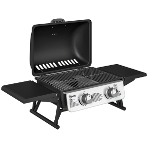 Outsunny Barbacoa de Gas Compacta con 2 Quemadores Termómetro Estantes Laterales Plegables y Bandeja de Goteo 101x48x41 cm Negro