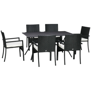 Outsunny Set Grădină 7 Piese din Ratan PE cu Masă de 150x90x72 cm și 6 Scaune de 58x62x87 cm cu Perne