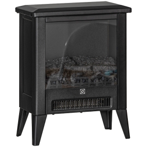 HOMCOM Șemineu Electric de 1800W cu Efect de Flacără la 3 Intensități, din Metal și Sticlă, 36x21x47 cm, Negru