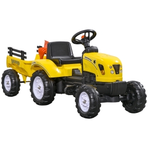 HOMCOM Tractor de Pedalat pentru Copii de 3+ Ani cu Remorcă, Greblă, Lopată și Claxon, 133x42x51 cm, Galben