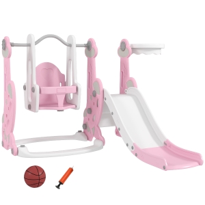 AIYAPLAY Escorrega Infantil 4 em 1 Parque Infantil com Baloiço e Escorrega Escalador Cesto de Basquetebol 147,5x160x107 cm Rosa