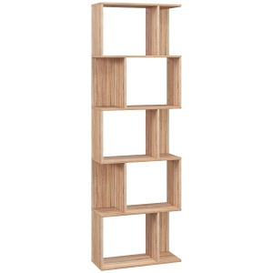 HOMCOM Bibliotecă cu 5 Rafturi Separate cu Spațiu de Economisire în Formă de S din Lemn, 60x24x184,5 cm, Lemn Natural