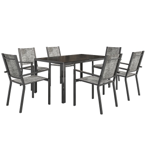 Outsunny Set da Giardino 7 Pezzi in Acciaio con Tavolo Rettangolare e 6 Sedie Impilabili Traspiranti, Grigio e Nero
