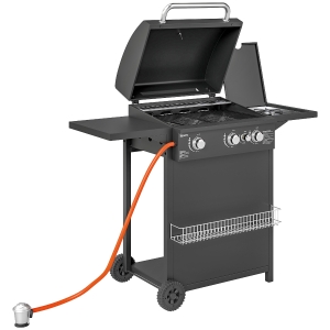 Outsunny Barbacoa de Gas con 3 Quemadores Parrilla para 5-9 Personas Quemador Lateral Termómetro y Ruedas 123x57x98 cm Negro