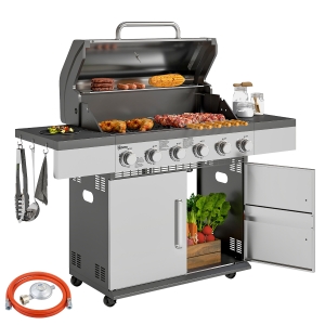 Outsunny Gasgrill 8500BTU Grillwagen inkl 6 Edelstahl-Brenner Thermometer Druckminderer 141 x 55 x 110 cm Silber