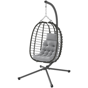 Outsunny Fauteuil suspendu pliable en résine tressée avec support, coussin et oreiller hauteur réglable, gris