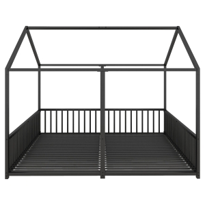 Lit enfant en métal 90×200 cm, design double avec modélisation en forme de maison et garde-corps de sécurité, sans matelas, Noir