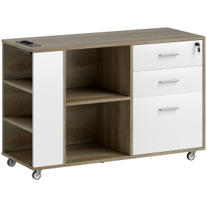 HOMCOM Mueble Archivador con Ruedas 3 Cajones Estación de Carga Cerradura y Estantes 100x40x65,5 cm Marrón Grisáceo