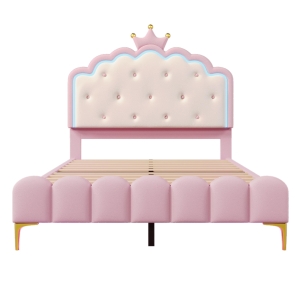 Letto Struttura a forma di principessa con rete a doghe e luce LED, forma di ereditaria, in metallo, 209,5x143,5x129 cm, Rosa | Aosom Italy